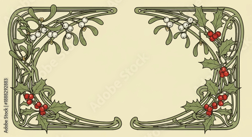 Traditional Festive Mistletoe Foliage and Berry Frame for Winter Holiday Greeting Cards and Seasonal Stationery