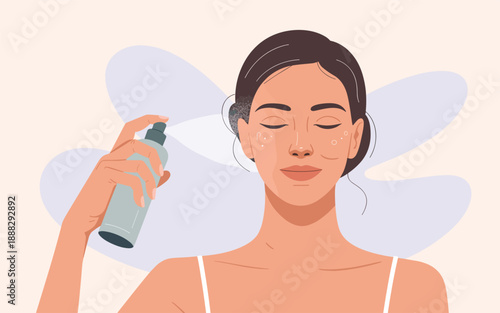 Woman applying facial toner for skincare routine with serene expression