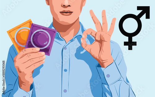 Man holding condoms and giving okay gesture, representing safe sex practices and masculinity