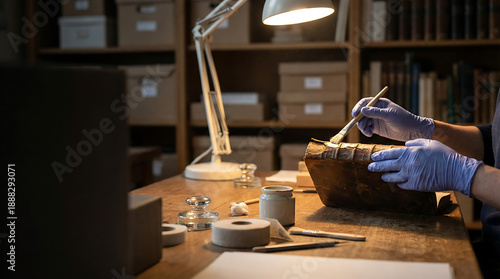 Archivist restoring antique book with brush under desk lamp in archive workspace wearing blue nitrile gloves for document conservation preservation and rare manuscript care