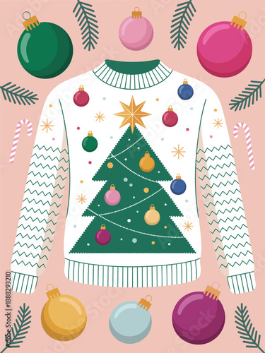 A festive Christmas sweater with a decorated tree on the front surrounded by ornaments and stars viewed from the front