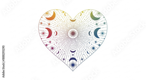 Heart shaped moon phase symbol with rainbow colors on white background