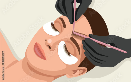 Illustration of a serene woman receiving an eyebrow treatment from a gloved hand holding tweezers, viewed from the side