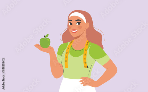 A smiling woman wearing an apron holds an apple in her hand, standing confidently in a minimalist environment from a frontal viewpoint