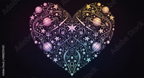 Heart shaped galaxy with planets and stars on black background