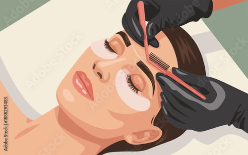 Woman receiving eyebrow grooming treatment with tweezers and scissors in a salon setting