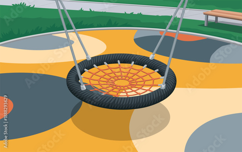 Children's playground equipment featuring a webbed swing hanging from chains in a vibrant outdoor recreational area with varied colored flooring
