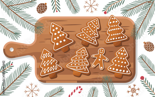 Assorted Christmas cookies on a wooden board surrounded by festive decorations and pine branches, viewed from directly above.