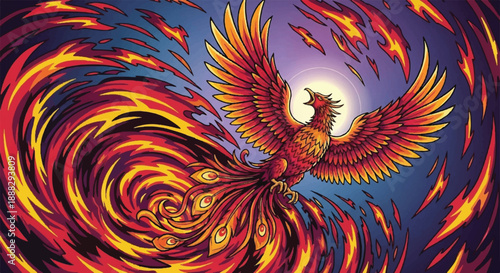 Mythical Phoenix Bird Rising with Burning Flame Wings in Vibrant Red and Gold Fire Illustration