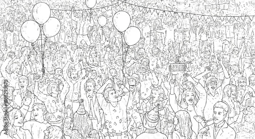 Detailed Crowd of People Celebrating a Festival in Black and White Line Art Sketch Style for Coloring Page