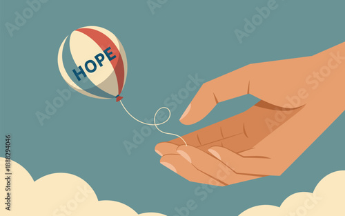 A hand releasing a balloon with the word hope written on it into the sky with clouds