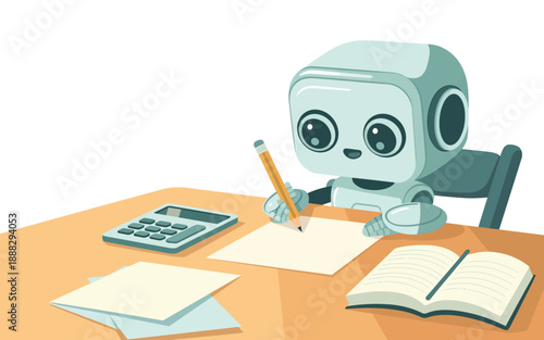 Robot sitting at a desk writing with a pencil surrounded by books and papers in a study environment from a frontal viewpoint