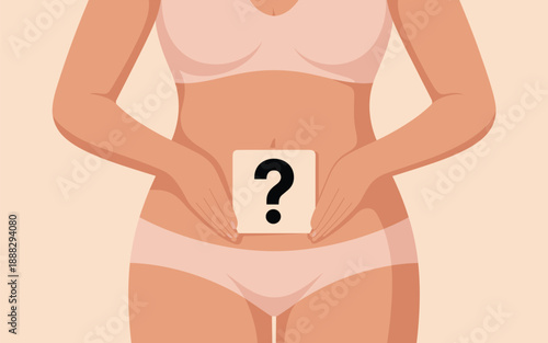 Woman in underwear holding a question mark on her stomach in a graphic illustration