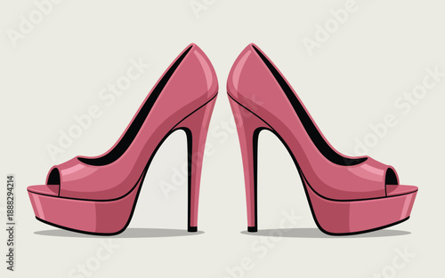 High-heeled shoes illustration featuring pink footwear with platform soles, viewed from the front