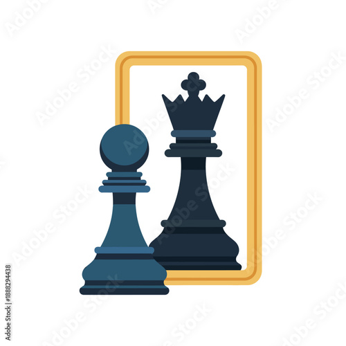A chess pawn facing a mirror reflects as a queen, symbolizing transformation and potential. The background is simple, highlighting the chess pieces.