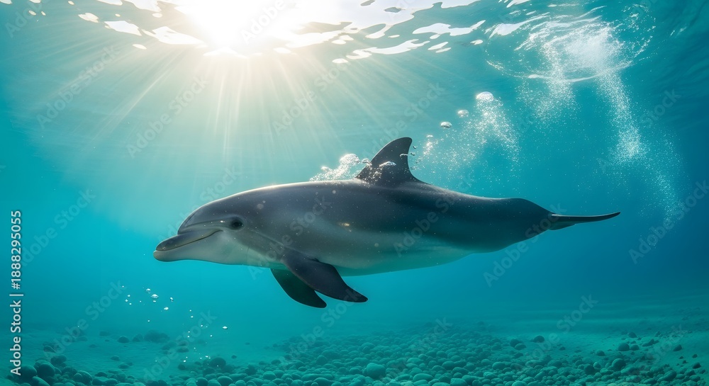 Fototapeta premium A graceful dolphin swims underwater, sunlight streams, with bubbles and a serene ocean backdrop