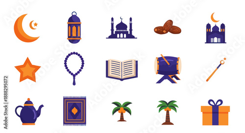 Islamic symbols and icons moon mosque and lantern vector illustration