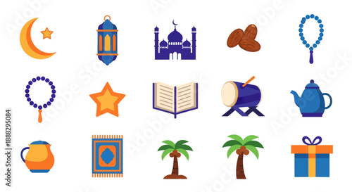 Islamic symbols and icons moon mosque and lantern vector illustration