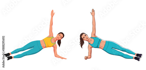 Woman doing side plank exercise, social media fitness post, transparent background, vector