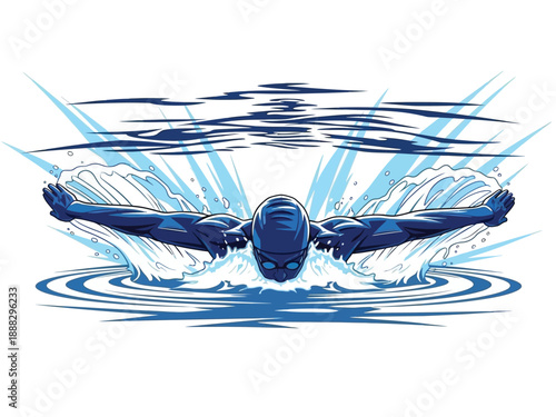 Swimmer performing butterfly stroke in water with dynamic splashes.