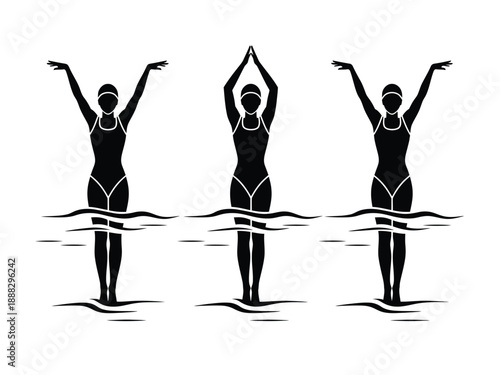 Synchronized swimmers performing a routine in the water.