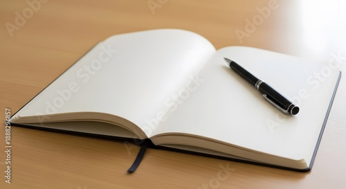 Wallpaper Mural Open notebook with pen lies on a wooden surface, suggesting writing, study, and planning Torontodigital.ca