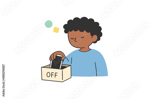 African child turning off phone in box showing mindfulness and digital detox