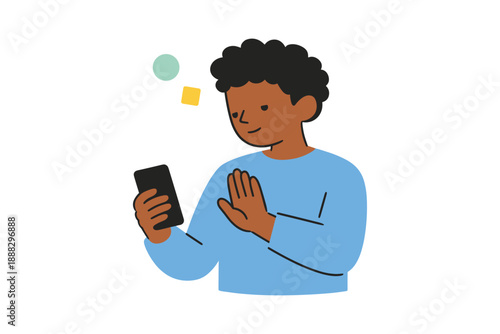 Young african male teen using smartphone with excited expression