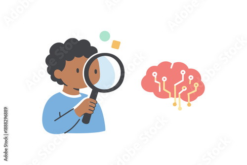 Curious african child observing ai brain circuit with magnifying glass
