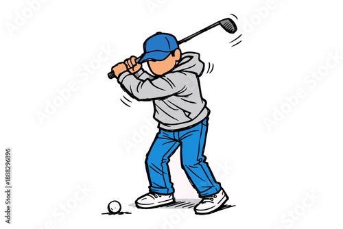 Young caucasian teen male golfer in blue jeans and cap swinging golf club