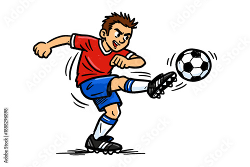Cartoon young boy kicking soccer ball with determination