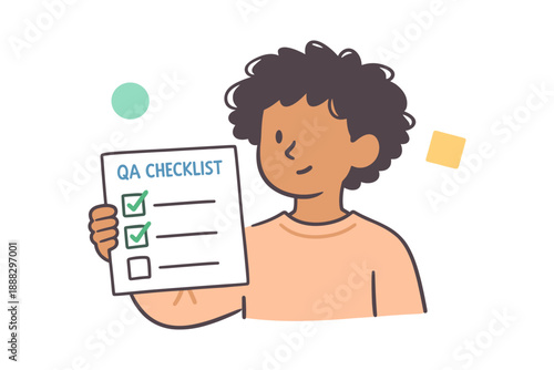 Young male presenting qa checklist with completed tasks