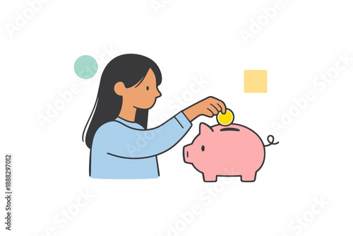 Asian female adult saving money with piggy bank illustration