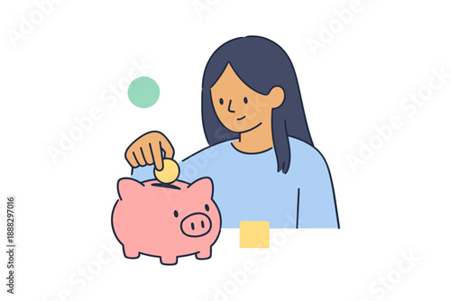 Young asian female saving money with piggy bank illustration