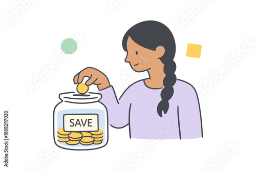 Young asian female saving money in jar with coins