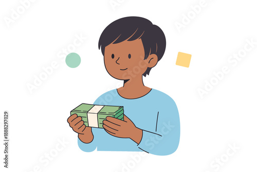 Young male holding cash bundle cheerfully illustrated