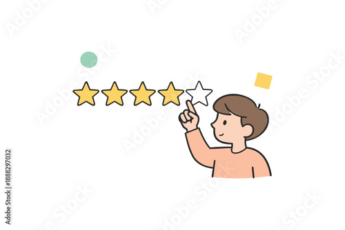 Cartoon of young caucasian male giving four-star rating with finger pointing gesture