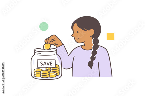 Young african child saving money in jar with coins and geometric shapes
