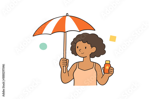 Young female with umbrella and sunscreen illustration