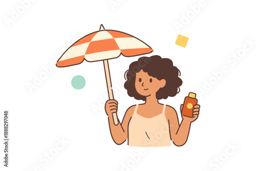 Cartoon woman holding striped umbrella and sunscreen bottle