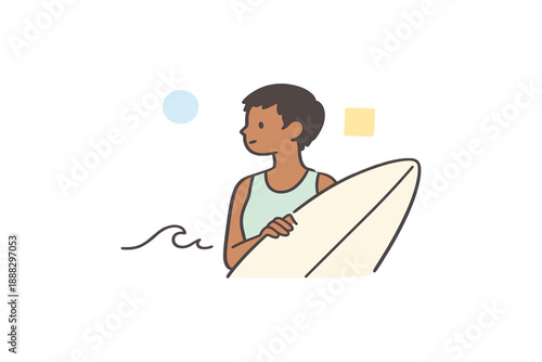 Young african male surfer holding surfboard with ocean waves and minimalist beach scene