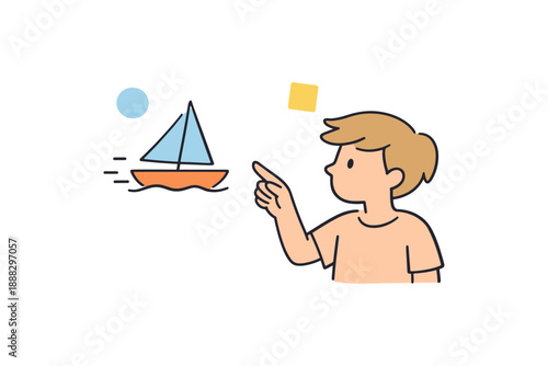 Cartoon young caucasian boy pointing at sailing boat with geometric shapes