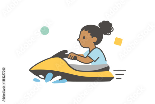 Young african female riding jet ski in minimalist cartoon style illustration