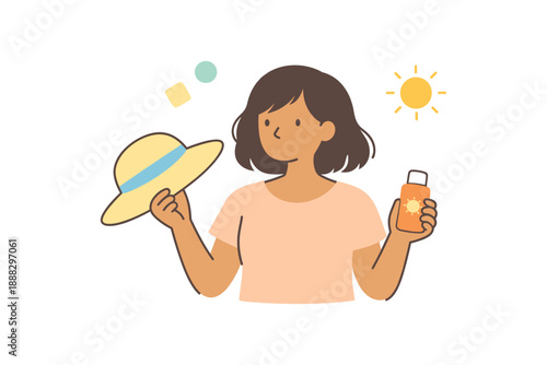 Young hispanic female with sun hat and sunscreen ready for summer