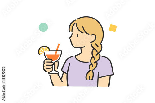 Cartoon blonde female holding drink with lemon slice and straw