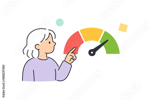 Cartoon female adjusting performance gauge with pointer in hand