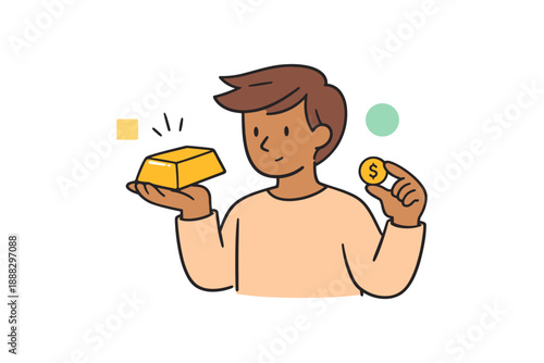 Young male holding gold bar and coin surrounded by geometric shapes