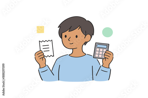 Asian teen holding receipt and calculator cartoon