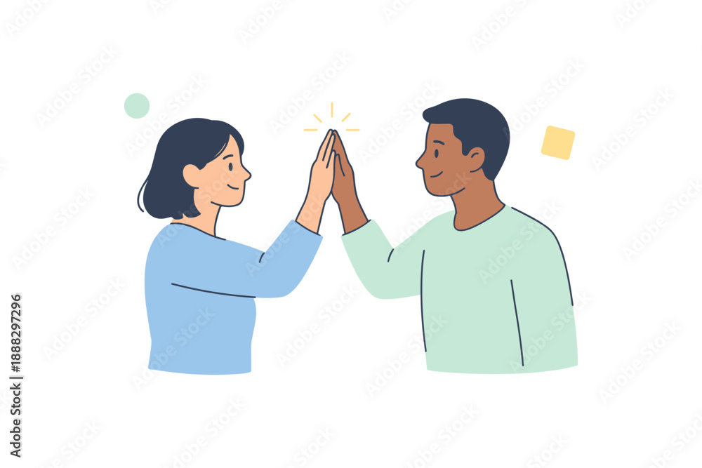 Fototapeta premium Diverse young adults high-fiving in minimalist cartoon style illustration