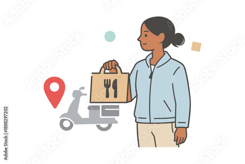 Hispanic female young adult holding delivery bag near scooter with location icon